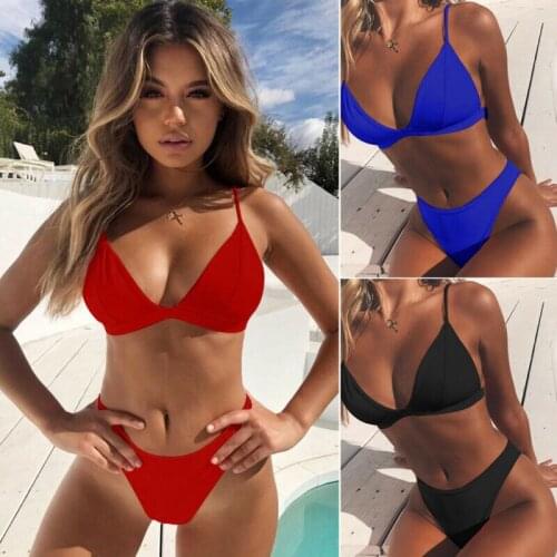 Girls Women Sexy Solid Color Push-up Padded Bra Thong Bikini Set Two-Piece Suits Triangle Swimwear Swimsuit Bathing Beachwear