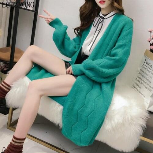Spring Fashion Open Stitch Women Sweater Casual Long Lantern Sleeve Loose Knitted Coat Korean Midi Cardigans Female