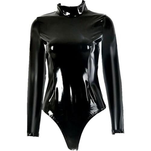 Women PVC Shiny High Cut Bodysuit Bandage One Piece Dance Wear Long Sleeve Latex Sexy Tight Catsuit