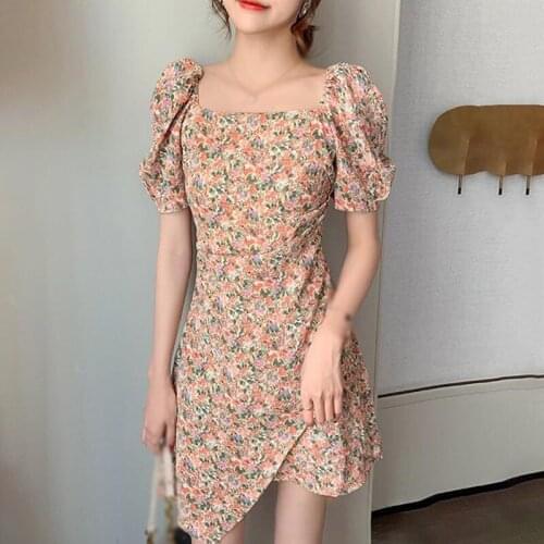 Women Floral Dress Summer Waist Slimming French Style Vestidos Square Neck Split Dress