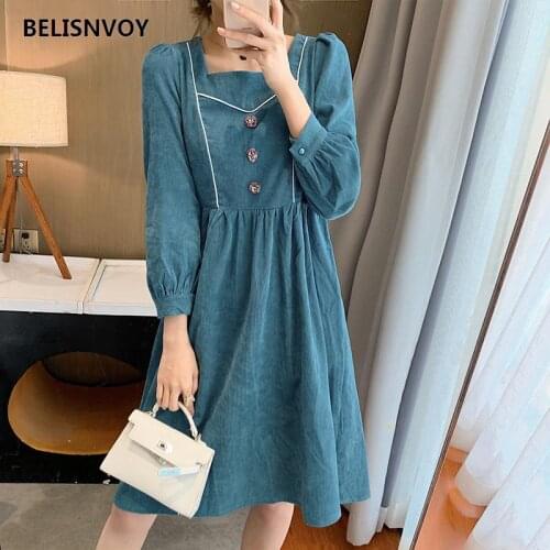 Autumn Winter Square Collar Women Dress Retro Hepburn style Puff Sleeve Corduroy Veatidos Lady Elegant A-Line Blue Midi Dresses