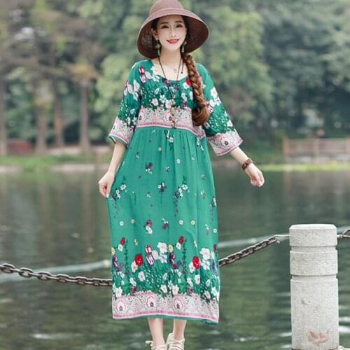 Holiday Travel Casual Beach Style Dress 2021 New Arrival Soft Cotton Satin Loose Summer Dress Print Floral Women Vintage Dress