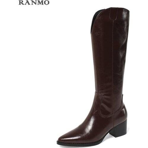 Winter Shoes 2021 New Women Side Zipper Buckle Straps High Heels Boots for Girls Genuine Leather Knee High Boots Modern Boots