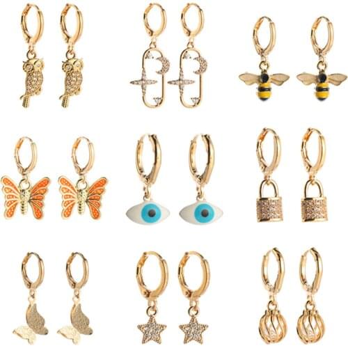 1Pair New Enamel Zircon Star Bee Butterfly Lock Hoop Earrings For Women Vintage Trendy Lock Evil Eye Small Ear Stud Jewelry E580