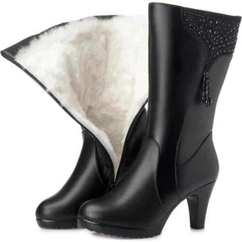 New Fashion Warm Winter Boots Tassels Rhinestone Genuine Leather Shoes Women Boots High-heels Plush / Wool boots Warm Snow Boots