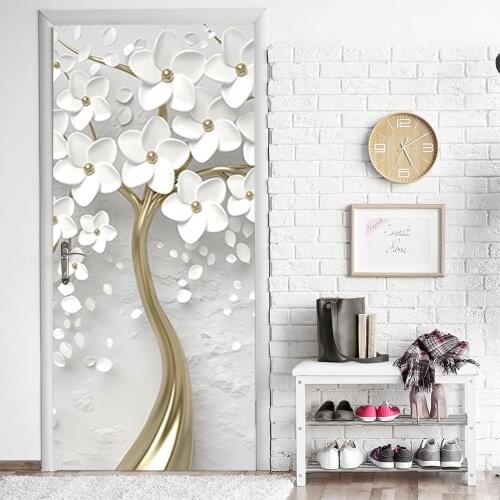 3D Wallpaper for Door Self-Adhensive PVC White Flower House Door Decoration Stickers Wallpapers 2021 New 3D Decorative Wallpaper