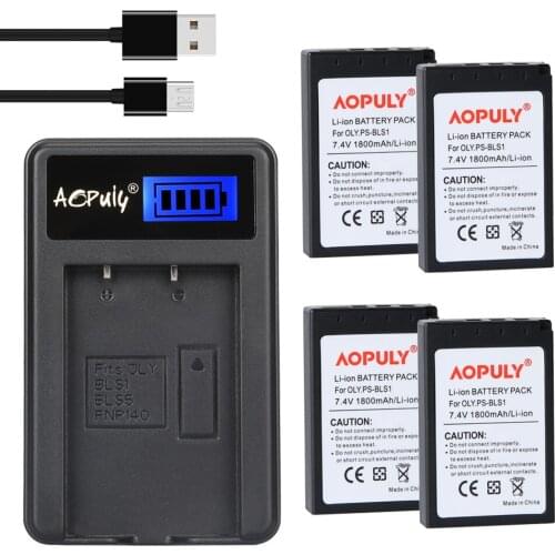 AOPULY 4pcs PS-BLS1 Battery + LCD Charger for Olympus Evolt E-410 E-420 E-450 E-600 E-620 & PEN E-P1 E-P2 E-P3 E-PL1 E-PL3 E-PM1