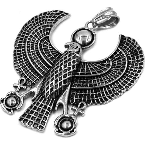 Large Egyptian Horus Bird Falcon Holding Ankh Pendant Animal Stainless Steel Ancient Egyptian Cross Biker Mens Pendant SWP0450