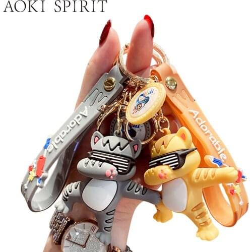 Creative Cartoon Hip-hop Animal Keychain PVC 3D Gray Yellow Cat Panda Rock Doll Keyring Mobile Phone Backpack Car Pendant Gift