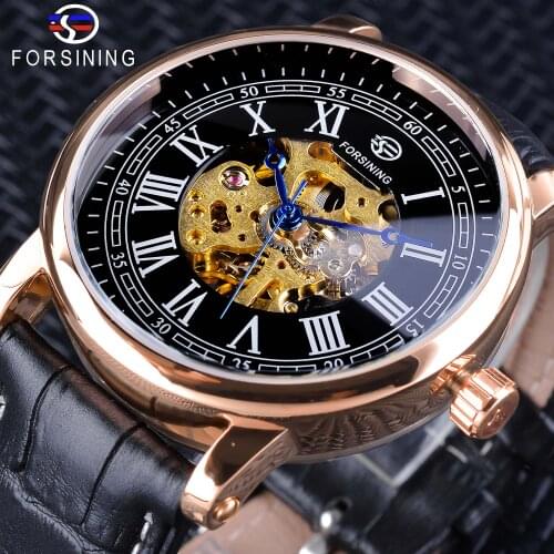 Forsining Blue Hands Design Skeleton Rose Golden Clock Mens Automatic Watches Top Brand Luxury Black Genuine Leather Band Clock
