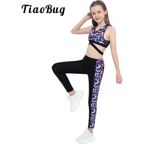 Kids Teens Tracksuit Geometric Print Sports Suits Sets Crop Top + Leggings Yoga Pants Girls Fitness Ballet Gymnastics Dance Wear