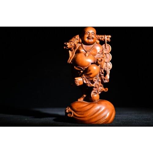 Home Decor 6" China Lucky Old Boxwood Hand-carved Maitreya Carry coins Lucky Enshrine the Buddha Ornaments Town House