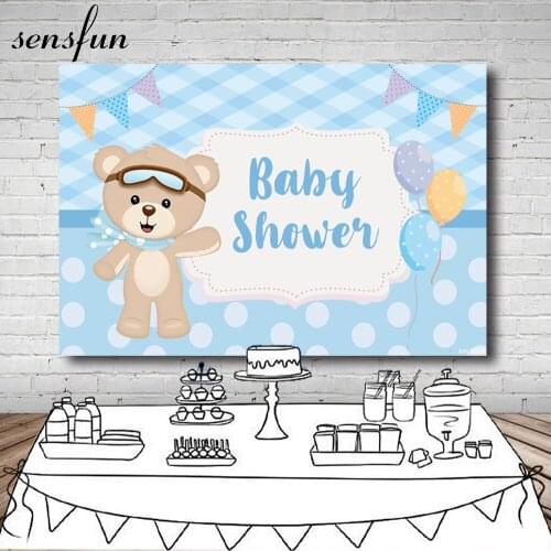 Sensfun Blue Theme Boys Baby Shower Backgrounds For Photo Studio Bear Bunting Balloons Birthday Party Photography Backdrop 7x5ft