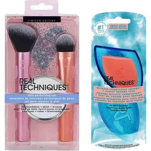 Real Techniques Makeup Sponge + Travel Container + Skin Perfecting Makeup Brush Set Foundation and Blush