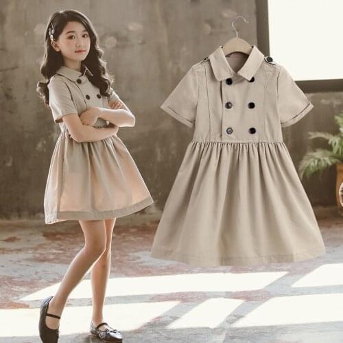 MudiPanda Summer 2021 Buttons Pleated Dress for Kids Girl Students School Clothing Short Sleeve Khaki Dress size 6 8 10 12 years