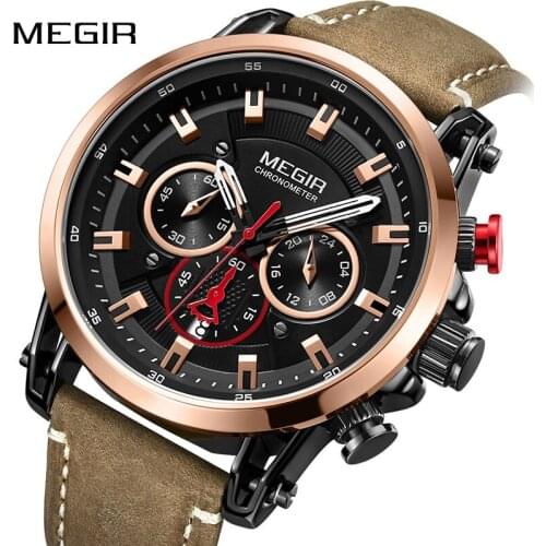 Top Brand MEGIR Mens Fashion Quartz Sports Watches Genuine Leather Analog Wrist Watch Men Waterproof Clock Relogio Masculino