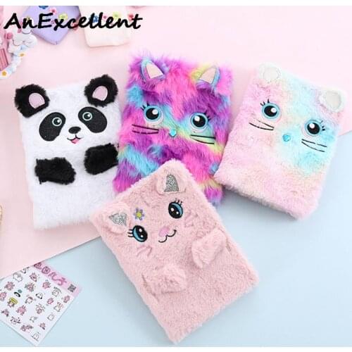 Cartoon Cat Panda Plush Notebooks Girl Portable Travel Diary Planner Stationery Cute Embroidery Colorful Animal Notepad