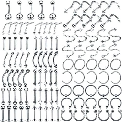 110Pcs Body Piercing Kit 8mm/10mm Jewelry Tongue Tragus Ear Nipple Lip Nose