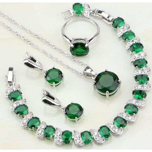 925 Silver Jewelry Round Green Rhinestone White CZ Bridal Jewelry Sets For Women Party Bracelet/Necklace/Pendant/Earrings/Ring
