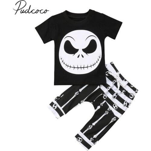 2018 Brand New Summer Causal Toddler Baby Boy Clothes Sets Short Sleeve Cartoon Black T-Shirts Tops+Bone Long Pants Outfit 0-3Y