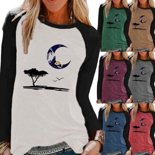 New Ladies Autumn Leisure Fashion Scenery Printing Long-sleeved Shirt Round Neck Contrast Color Pullover T-shirt XS-5XL