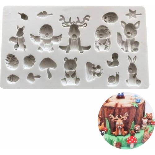 Fondant forest cartoon animal silicone mold, squirrel rabbit sika deer hedgehog mushroom decoration