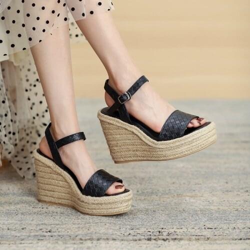 QZYERAI Genuine Leather Women Sandals Platform Wedges Sandals Shoes Heel For Dresses12cm Heels Summer Sale Slip On Wedge