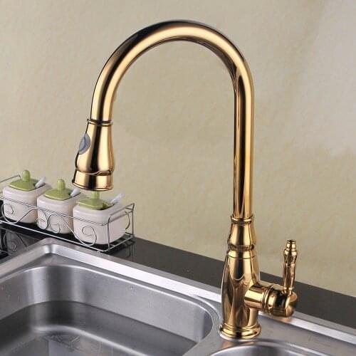 Luxury Titanium Gold brass Single Handle High Arc Kitchen Sink Faucet Golden mixer tap with Pull-Out Sprayer and Swivel Spout