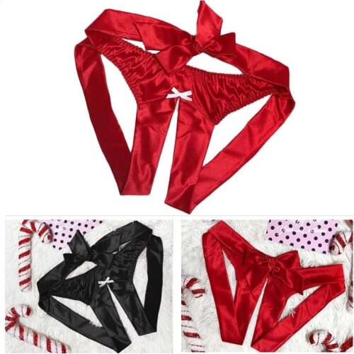 Bowknot Sexy Lingerie Women Open Crotch Panties Low Rise Ice Silk Underwear Erotic Seamless Solid Brief Underpant Sleepwear