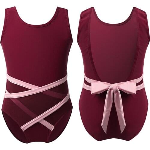 Kids Sleeveless U-Shaped Back Strappy Waist Ballet Dancewear Gymnastics Leotards for Girls Child Stage Performance Dance Costume