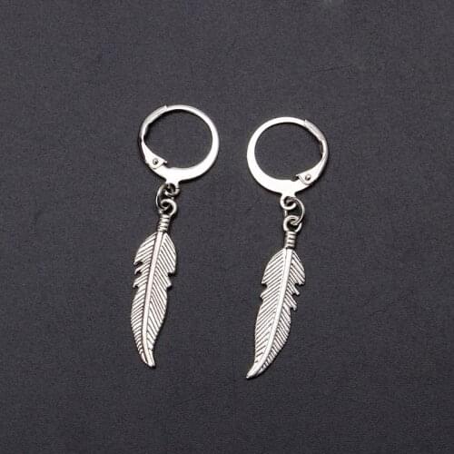 Vintage Leaf Titanium Steel Feather Pendant Hoop Earrings Korean Jewelry Unisex E56A