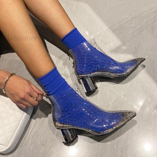 BERZIMER Sexy Transparent PVC Women Ankle Boots Clear Block Heels Crystal Party Booties Botas Mujer Shoes Woman Size 33 40 41
