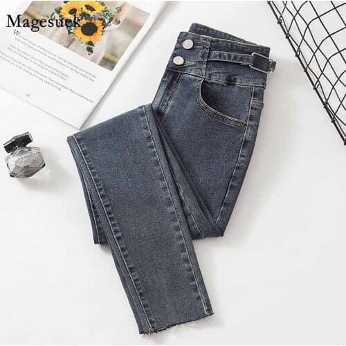 Womens Stretch Cropped Pencil Pants Elastic Cotton Denim 2020 Autumn New Double-button High Waisted Jeans Vaqueros Mujer 11723