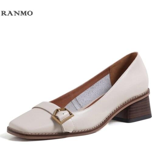 Ladies Leather High-heeled Shoes with Low Heels Korean Version Simple Shallow Mouth Womens Shoes Casual and Comfortable Shoes