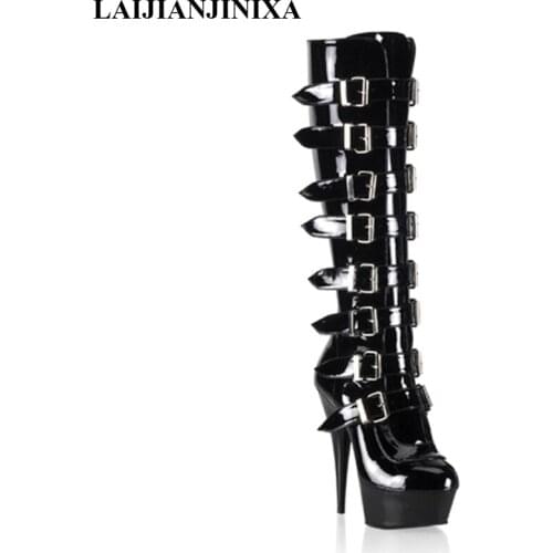 LAIJIANJINXIA New Knee High Boots Women Buckle Motorcycle Boots Extreme 15cm High Heel Platform Belt Strap Cross Tie Shoes
