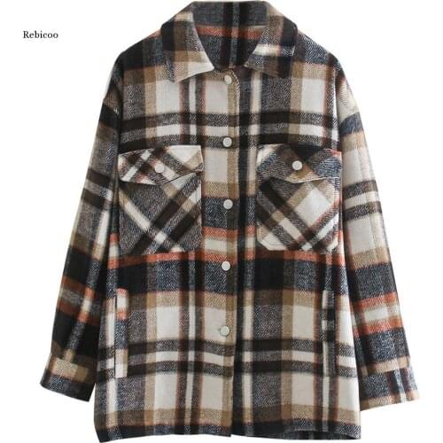 Womens Casaul Fashion Loose Button Down Wool Blend Plaid Shirt Jacket Coats Winter Long Sleeve Woolen Shacket Outwears