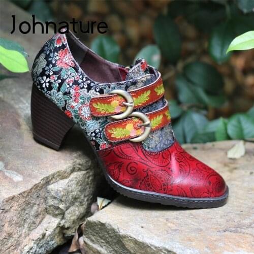 Johnature Pumps Women Shoes 2021 New Genuine Leather Zip Embroidery Cloth Retro Casual Round Toe Sewing Handmade Ladies Shoes
