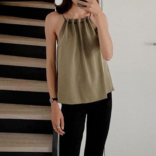 Sleeveless Halterneck Temperament Pleated Top Womens Camisole Loose Satin Sexy Halter Top Women Retro Green Strapless Camisole