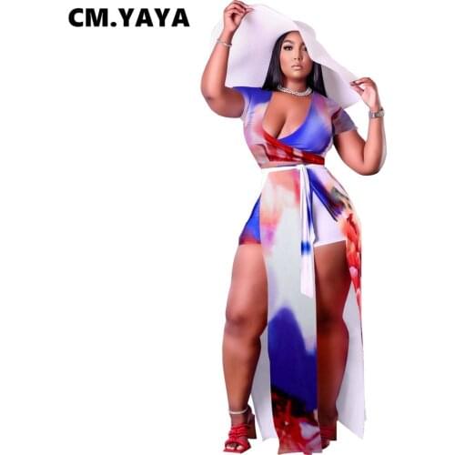CM.YAYA Women Plus Size Set Print Short Sleeve Splited Long Dress Stretchy Shorts Two 2 Piece Sets Sexy Night Clubwear Summer