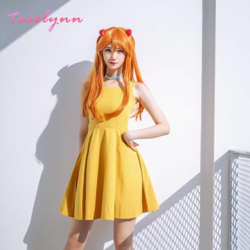 EVA Asuka Langley Soryu Cosplay Costumes Yellow Sexy Shoulder-Straps Dress Cosplay Costumes for Women