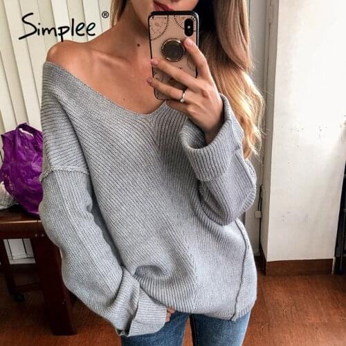 Simplee Sexy V neck women solid sweater Casual long sleeve female knitted pullover Autumn winter loose style ladies jumper 2020