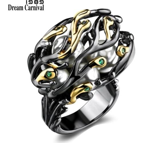 DreamCarnival 1989 New Fire Design Culture Pearl Gun Color Gothic Ring for Women Perla Jewelry Wholesales Anillos Mujer WA11515