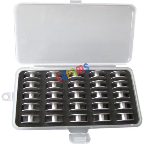 25PCS ALUMINUM "M" LARGER BOBBINS & BOX FOR GAMMILL TIN LIZZIE QUILTER SEWING