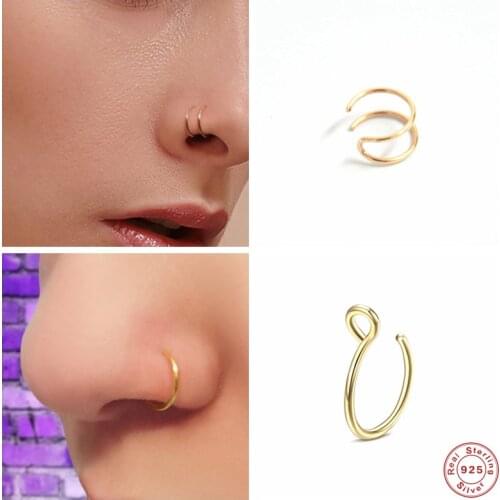 GS 925 Sterling Silver Nose Ring Hoop Double Septum Rings for Women Fake Piercing C Clip Nose Ring Non Pierced Body Jewelry