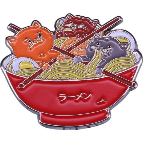 Ramen and Cats Pin Brooch It depicts a trio of kitties happily slurping ramen... from inside the bowl. Life hack