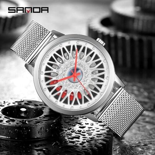 SANDA Mens Quartz Watch Design Sports Car Rim Sports Watch Waterproof Creative Male Watch Mens Wheel Wristwatch Clock