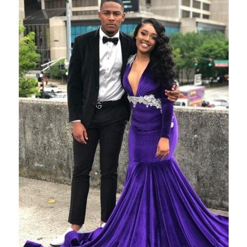 2021 Long Mermaid Velvet Evening Dresses Deep V Neck Long Sleeve Appliques Formal Evening Party Gowns Robe De Soiree