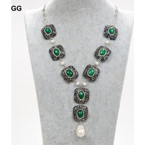 GuaiGuai Jewelry 19" Green Jades CZ Paved White Round Keshi Pearl Necklace Keshi Pearl Pendant Earrings Sets For Women