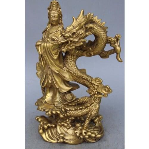 China Brass Dragon kwan-yin GuanYin Goddess buddha statue