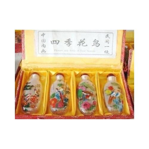 Chinese Glass painted flowers birds snuff bottles 4pc